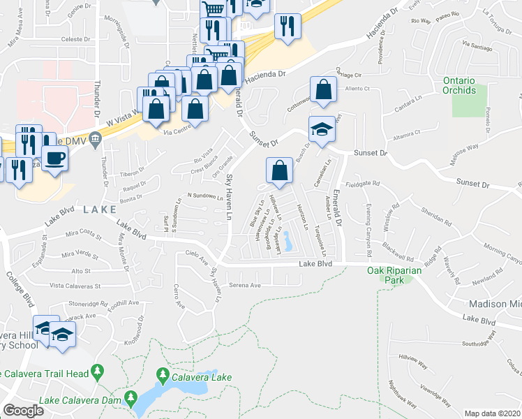 map of restaurants, bars, coffee shops, grocery stores, and more near 78 Brookside Lane in Oceanside