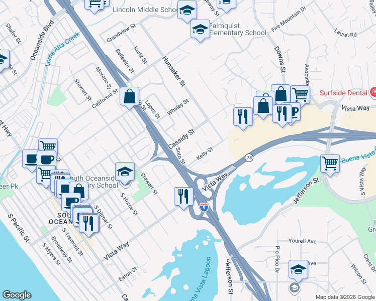 map of restaurants, bars, coffee shops, grocery stores, and more near 1510 Krim Place in Oceanside