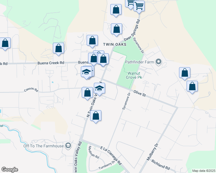 map of restaurants, bars, coffee shops, grocery stores, and more near 2075 North Twin Oaks Valley Road in San Marcos