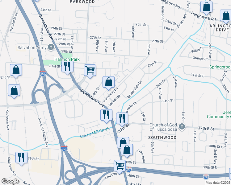 map of restaurants, bars, coffee shops, grocery stores, and more near 913 University Lane in Tuscaloosa
