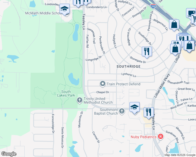 map of restaurants, bars, coffee shops, grocery stores, and more near 825 Skylark Dr in Denton