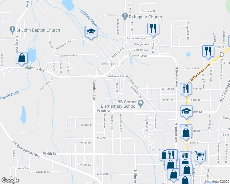 map of restaurants, bars, coffee shops, grocery stores, and more near 26 Ashby Avenue in Sylacauga