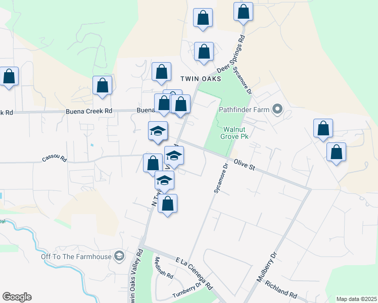 map of restaurants, bars, coffee shops, grocery stores, and more near 2075 North Twin Oaks Valley Road in San Marcos