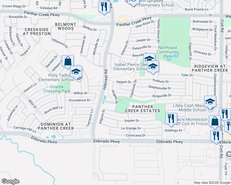 map of restaurants, bars, coffee shops, grocery stores, and more near 12344 Angelo Drive in Frisco