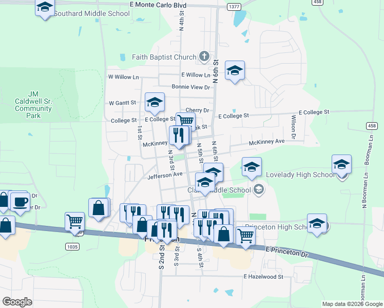 map of restaurants, bars, coffee shops, grocery stores, and more near 529 North 4th Street in Princeton
