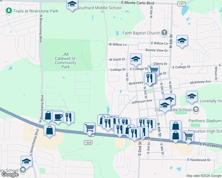 map of restaurants, bars, coffee shops, grocery stores, and more near 716 Prairie Creek Drive in Princeton