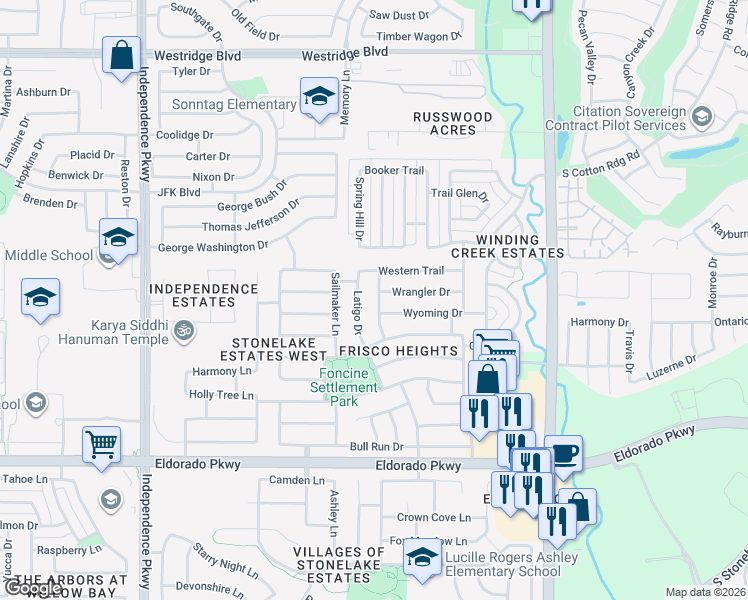 map of restaurants, bars, coffee shops, grocery stores, and more near 12355 Colorado Drive in Frisco