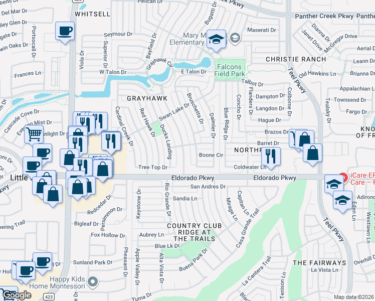 map of restaurants, bars, coffee shops, grocery stores, and more near 12232 Grayhawk Boulevard in Frisco