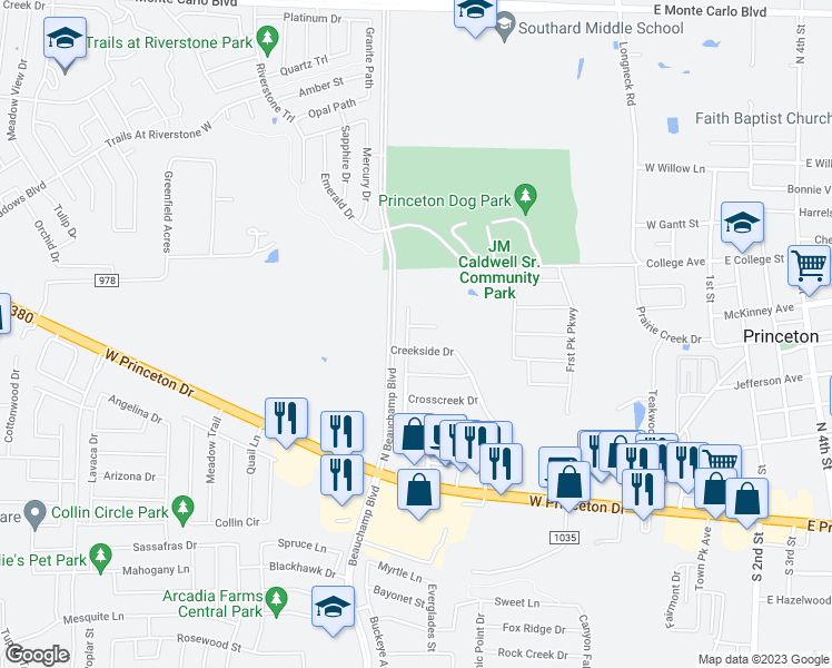 map of restaurants, bars, coffee shops, grocery stores, and more near 604 Cove Court in Princeton