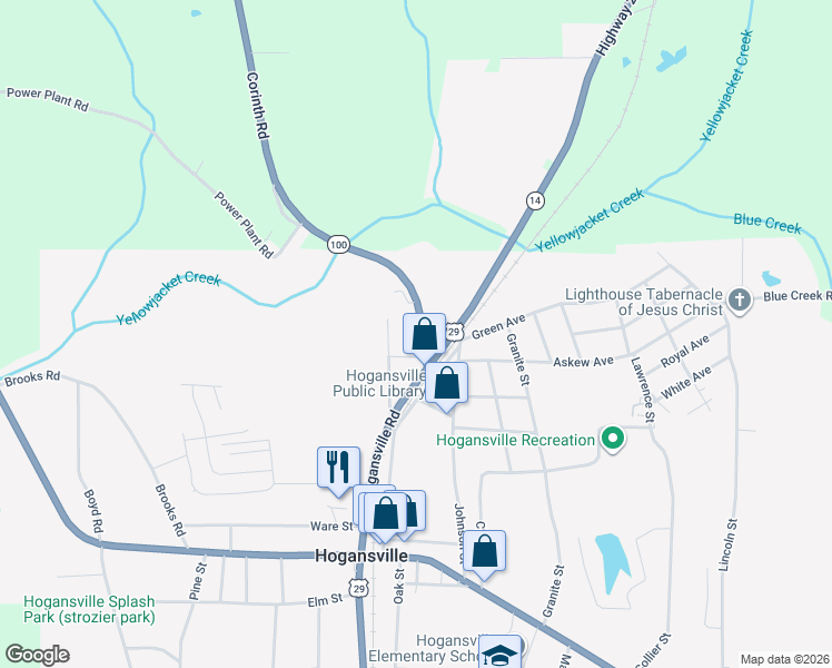 map of restaurants, bars, coffee shops, grocery stores, and more near 100 Corinth Road in Hogansville