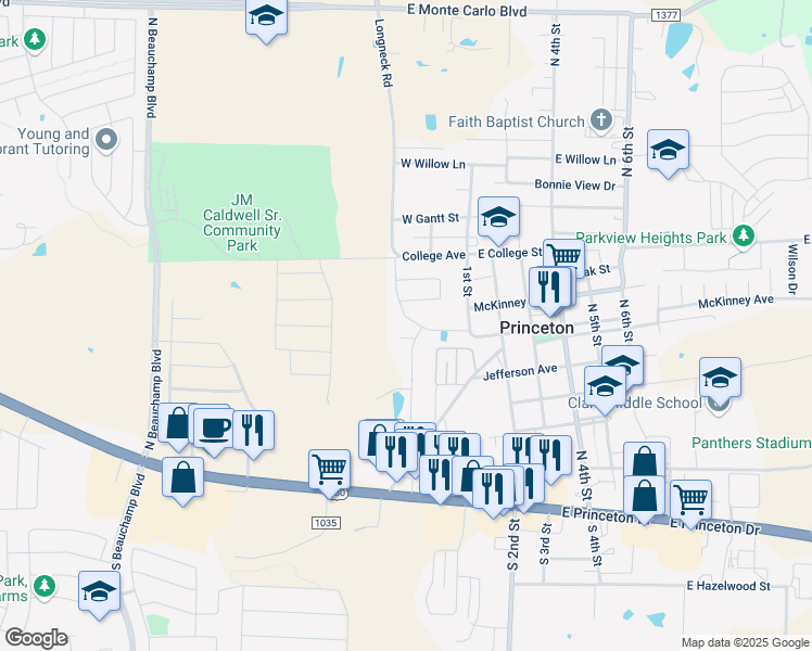map of restaurants, bars, coffee shops, grocery stores, and more near 716 Prairie Creek Drive in Princeton