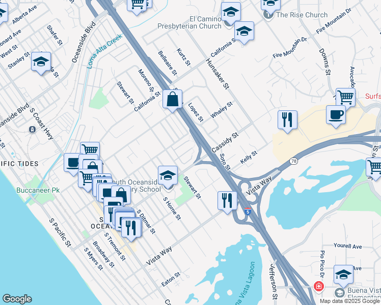 map of restaurants, bars, coffee shops, grocery stores, and more near 1245 Saint Helene Court in Oceanside
