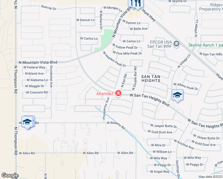 map of restaurants, bars, coffee shops, grocery stores, and more near 3399 West Mineral Butte Drive in Queen Creek