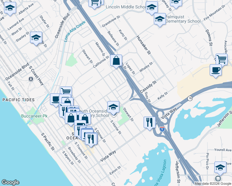map of restaurants, bars, coffee shops, grocery stores, and more near 1719 Rue De La Mer in Oceanside