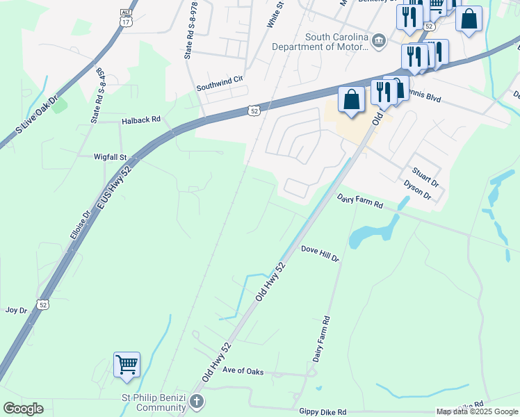 map of restaurants, bars, coffee shops, grocery stores, and more near 1149 Old Black Oak Rd in Moncks Corner