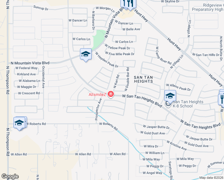 map of restaurants, bars, coffee shops, grocery stores, and more near 3299 West Mineral Butte Drive in Queen Creek
