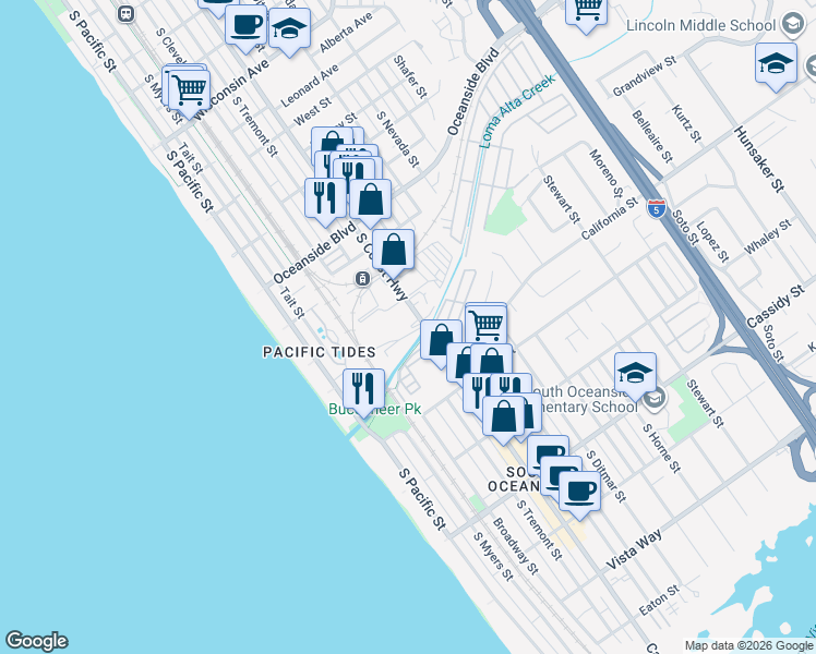 map of restaurants, bars, coffee shops, grocery stores, and more near 1531 S Coast Hwy in Oceanside
