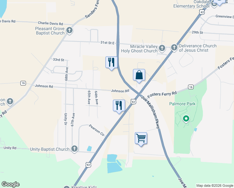 map of restaurants, bars, coffee shops, grocery stores, and more near 6219 Johnson Road in Tuscaloosa