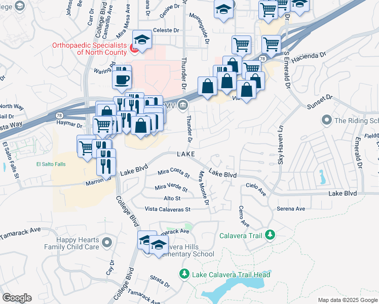 map of restaurants, bars, coffee shops, grocery stores, and more near 3560 Thunder Drive in Oceanside
