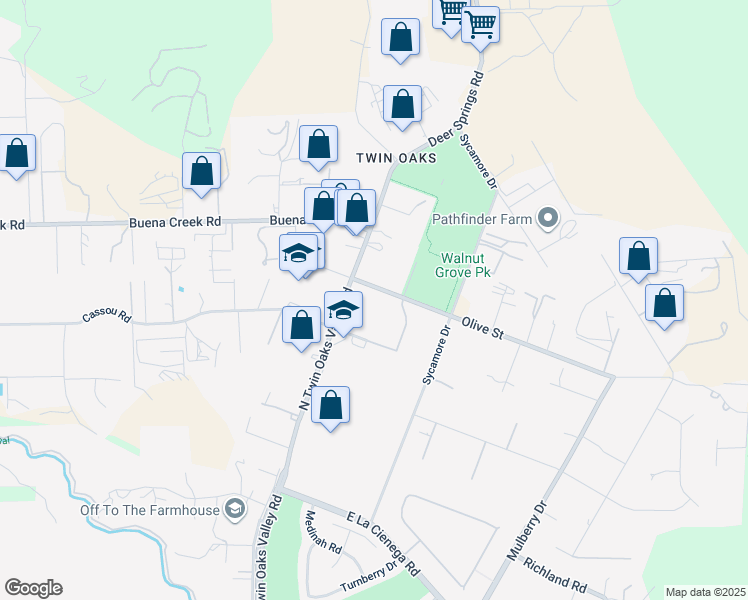 map of restaurants, bars, coffee shops, grocery stores, and more near 2075 North Twin Oaks Valley Road in San Marcos