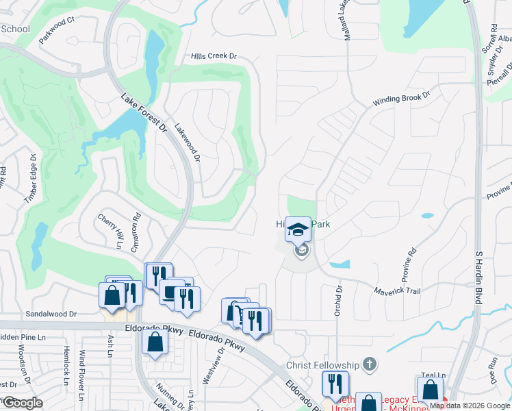 map of restaurants, bars, coffee shops, grocery stores, and more near 1105 Shady Oaks Circle in McKinney