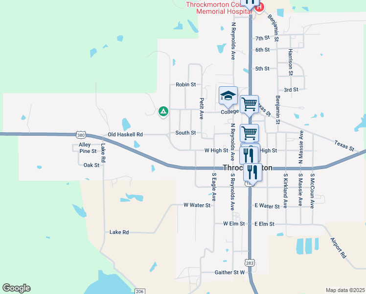 map of restaurants, bars, coffee shops, grocery stores, and more near 406 West High Street in Throckmorton