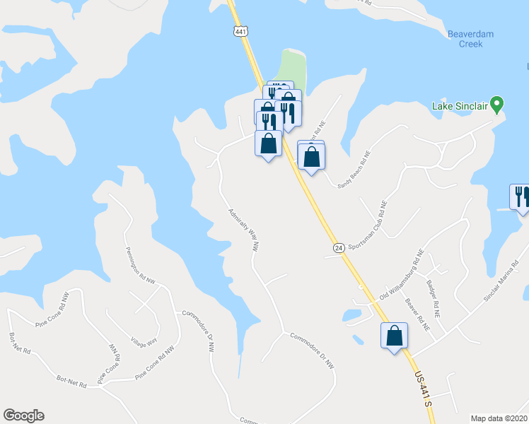map of restaurants, bars, coffee shops, grocery stores, and more near 150 Admiralty Way Northwest in Milledgeville