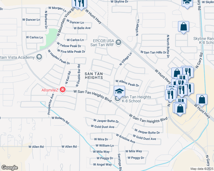 map of restaurants, bars, coffee shops, grocery stores, and more near 2742 West Sunshine Butte Drive in Queen Creek