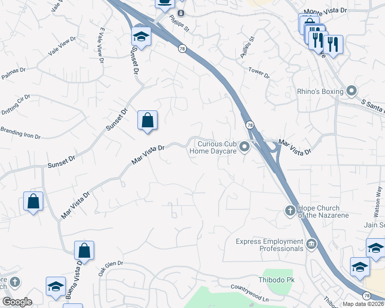 map of restaurants, bars, coffee shops, grocery stores, and more near 644 Mar Vista Drive in Vista