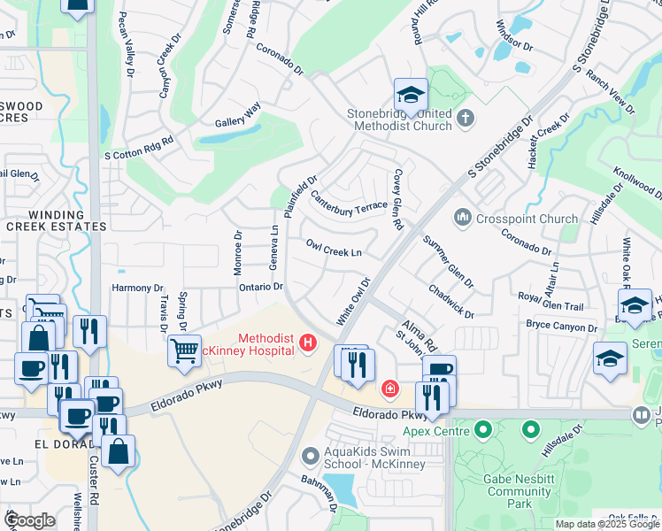 map of restaurants, bars, coffee shops, grocery stores, and more near 7912 Whippoorwill Drive in McKinney