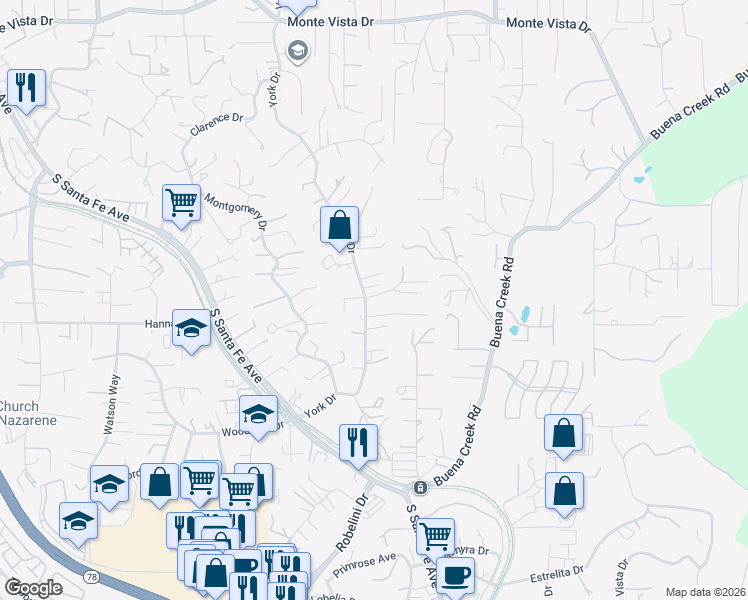 map of restaurants, bars, coffee shops, grocery stores, and more near 1631 York Drive in Vista