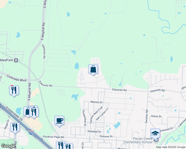 map of restaurants, bars, coffee shops, grocery stores, and more near 5201 Par Drive in Denton