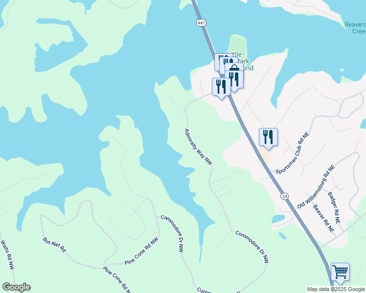 map of restaurants, bars, coffee shops, grocery stores, and more near 143 Admiralty Way Northwest in Milledgeville