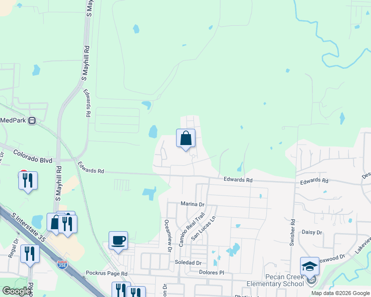 map of restaurants, bars, coffee shops, grocery stores, and more near 5201 Par Drive in Denton