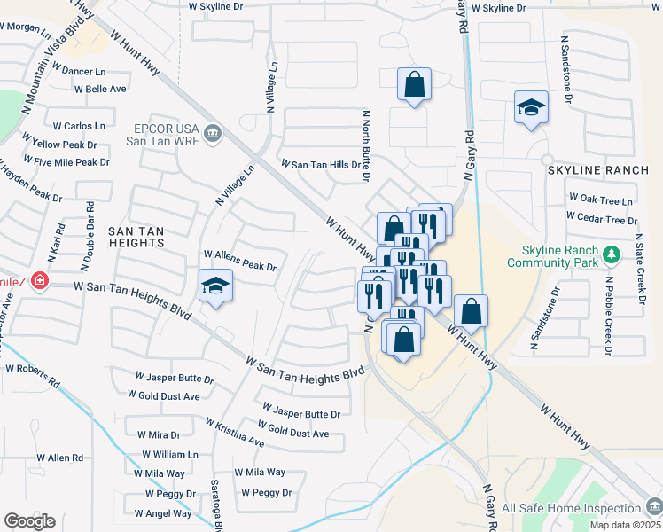map of restaurants, bars, coffee shops, grocery stores, and more near 2050 West Hayden Peak Drive in Queen Creek