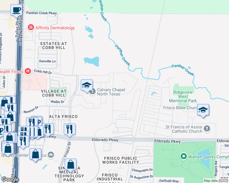 map of restaurants, bars, coffee shops, grocery stores, and more near 6391 Cobb Hill Drive in Frisco
