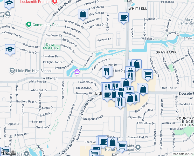 map of restaurants, bars, coffee shops, grocery stores, and more near 2647 Powderhorn Drive in Little Elm