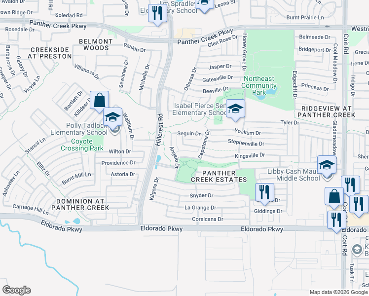 map of restaurants, bars, coffee shops, grocery stores, and more near 11247 Plainview Drive in Frisco