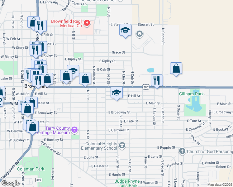 map of restaurants, bars, coffee shops, grocery stores, and more near 1000-1198 E Hill St in Brownfield