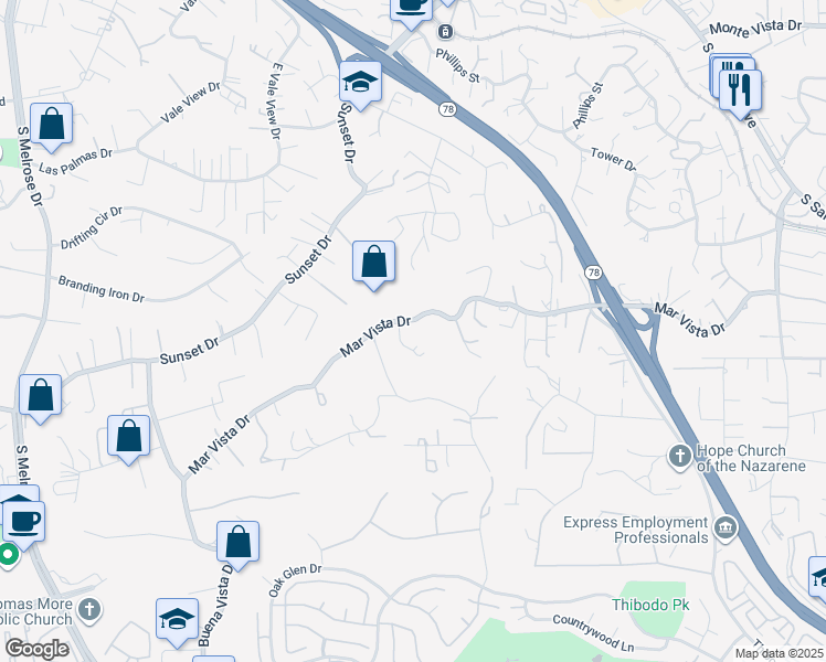 map of restaurants, bars, coffee shops, grocery stores, and more near 720 Mar Vista Drive in Vista