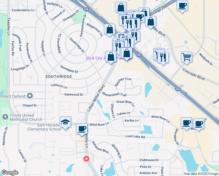 map of restaurants, bars, coffee shops, grocery stores, and more near 2641 Cumberland Court in Denton