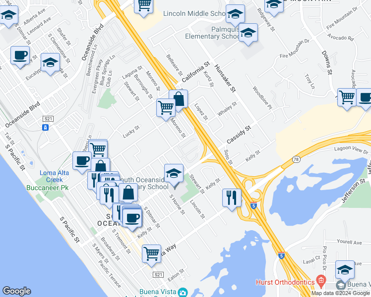 map of restaurants, bars, coffee shops, grocery stores, and more near 1229 Alderney Court in Oceanside