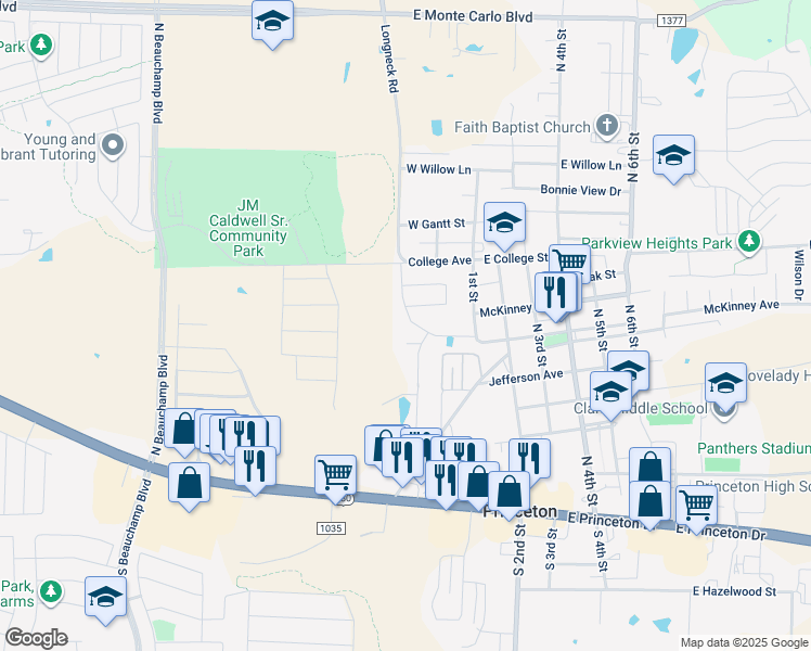 map of restaurants, bars, coffee shops, grocery stores, and more near 734 Prairie Creek Drive in Princeton
