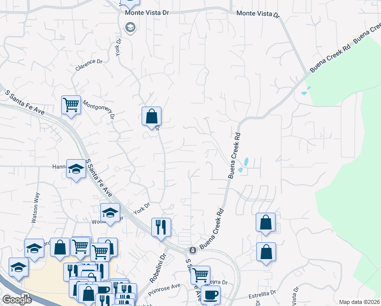 map of restaurants, bars, coffee shops, grocery stores, and more near 1890 Cathan Lane in Vista