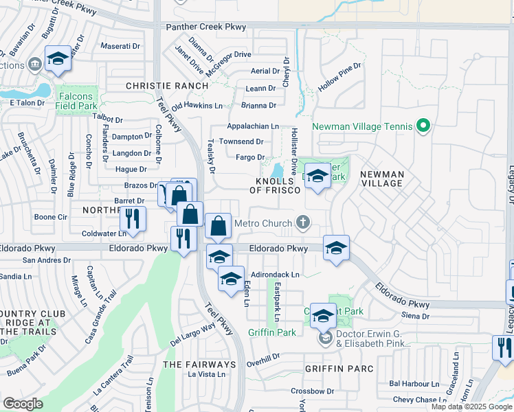 map of restaurants, bars, coffee shops, grocery stores, and more near 3062 Rembert Drive in Frisco