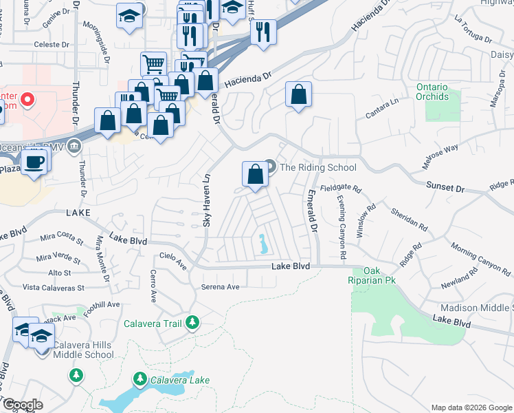 map of restaurants, bars, coffee shops, grocery stores, and more near 120 Brookside Lane in Oceanside