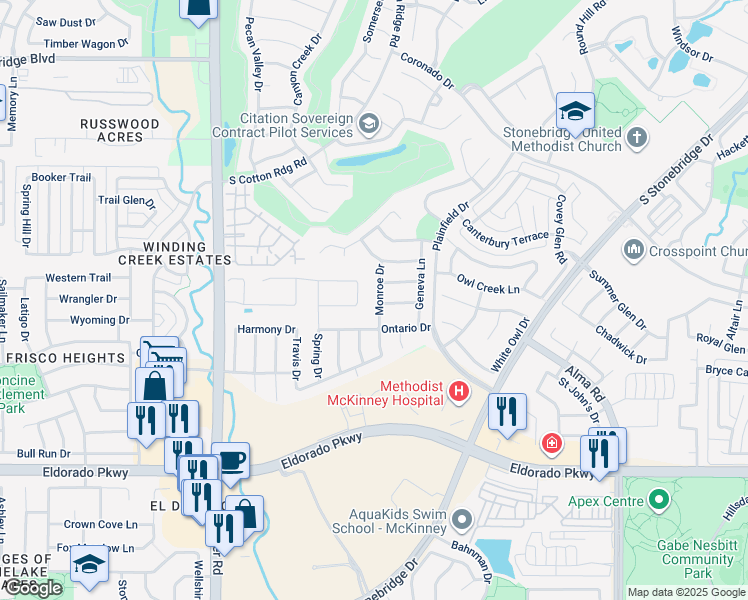 map of restaurants, bars, coffee shops, grocery stores, and more near 2312 Monroe Drive in McKinney