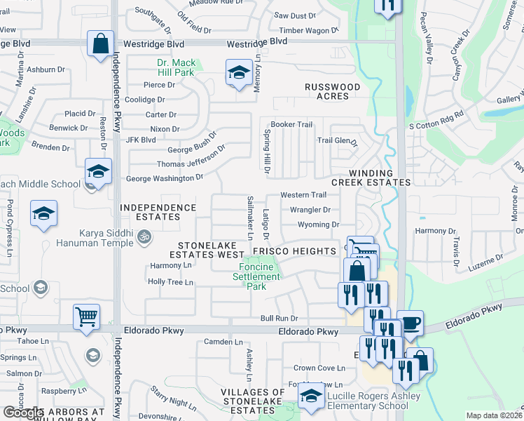 map of restaurants, bars, coffee shops, grocery stores, and more near 12324 Latigo Drive in Frisco