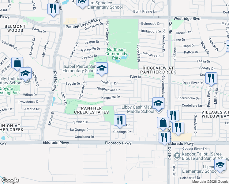 map of restaurants, bars, coffee shops, grocery stores, and more near 11818 Kingsville Drive in Frisco