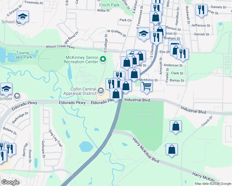 map of restaurants, bars, coffee shops, grocery stores, and more near 1608 South McDonald Street in McKinney